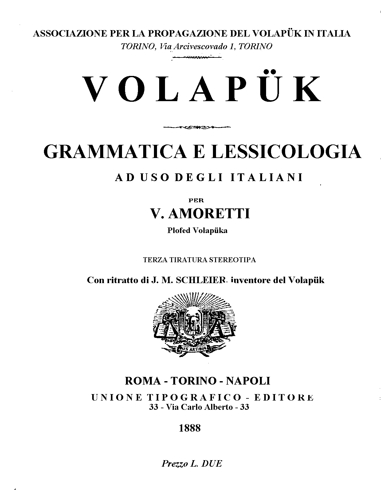 Title page of the Italian edition of the Volapük grammar