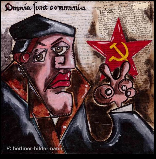 And another cartoon image of Thomas Müntzer by the Berlin artist, Stefan Klausewitz.  <br>For more information on image and artist, see the section on the artist in the underlying web-page...