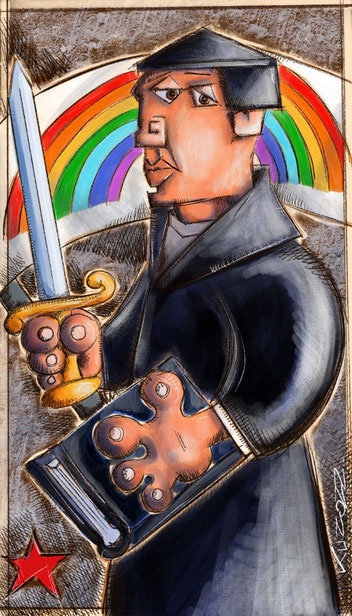 A cartoon image of Thomas Müntzer by the Berlin artist, Stefan Klausewitz.  <br>For more information on image and artist, see the section on the artist in the underlying web-page...