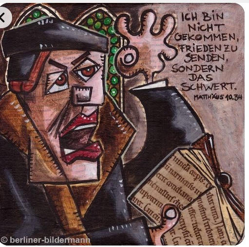 Another cartoon image of Thomas Müntzer by the Berlin artist, Stefan Klausewitz.  <br>For more information on image and artist, see the section on the artist in the underlying web-page...