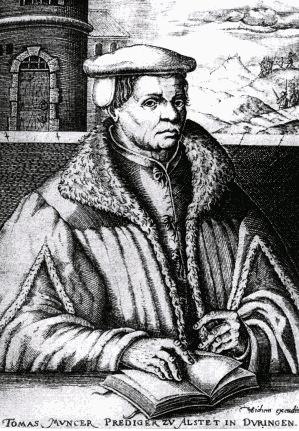 This image is used as the template for almost every other picture of Müntzer that you will find.  <br>Alas, it is not a contemporaneous portrait - it is an etching made in 1608 by one Christoffel van Sichem.